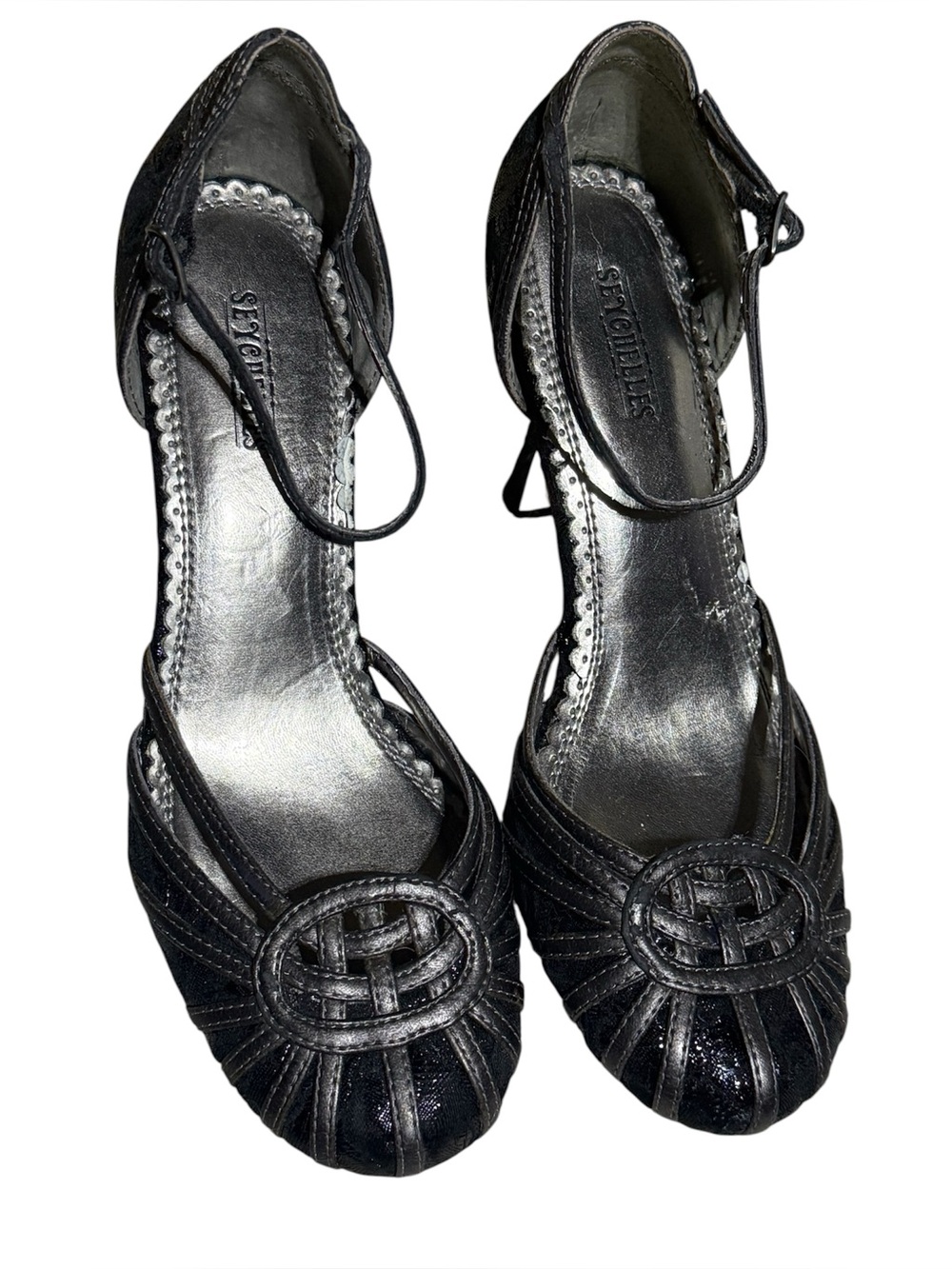 SEYCHELLES Y2K  Black/Gun silver Woven Lace Detail Ankle-Strap Heels|women’s 6.5